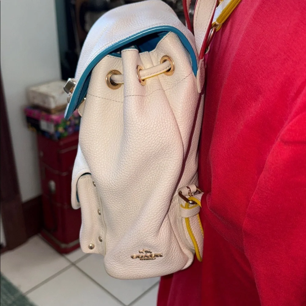 Coach Mini Backpack  F37789  leather cream/blue yellow red edging  2 turn locks